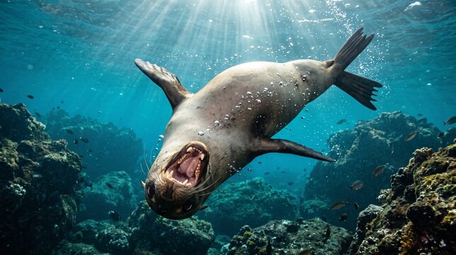 Playful sea lion swimming underwater in sunlit ocean reef