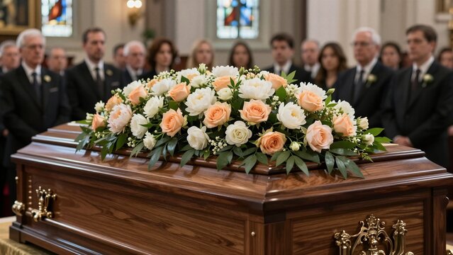 A polished wooden casket is elegantly decorated with a floral arrangement of peach roses, white peonies, and greenery during a solemn church service.