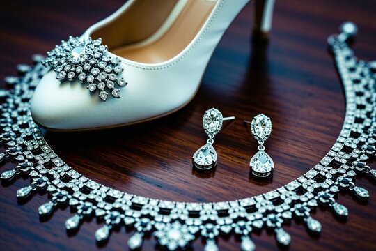 Close up of white bridal high heel shoe with sparkling jewel accent. Elegant necklace and earrings with crystals. Luxury wedding accessories laid on dark wood surface. Bride preparation scene details.