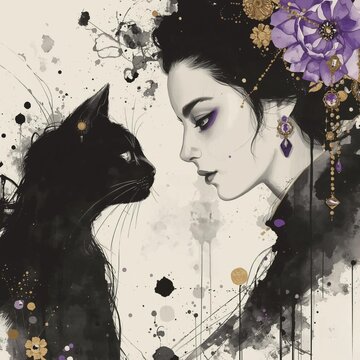 黒猫と見つめ合う墨絵美女の横顔
