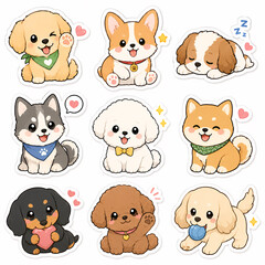 Fototapeta premium Cute Kawaii Puppy Sticker Set with Corgi, Husky, Poodle, Shiba Inu and Dachshund