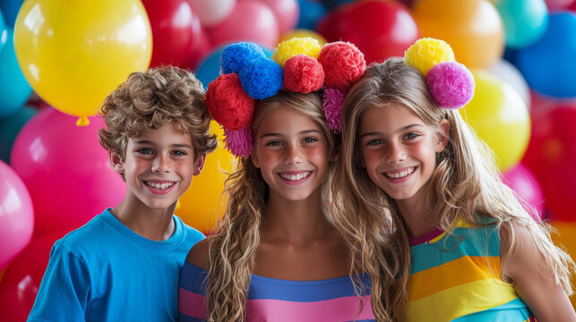 Children balloon colorful smiling happy party celebration birthday cheerful playful group enjoying festive atmosphere with bright decorations and joyful expressions at fun indoor event