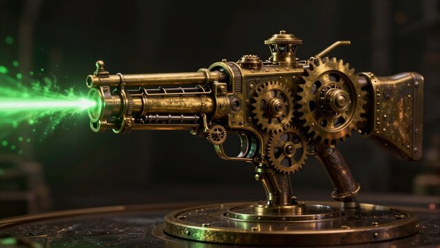 A brass steampunk laser gun with intricate gears fires a bright green energy blast in a dark industrial setting.