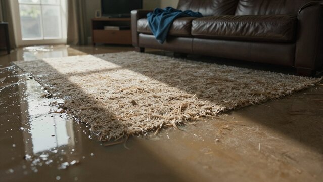 Water covers floor of damaged home with soaked rug and furniture visible in dim light.