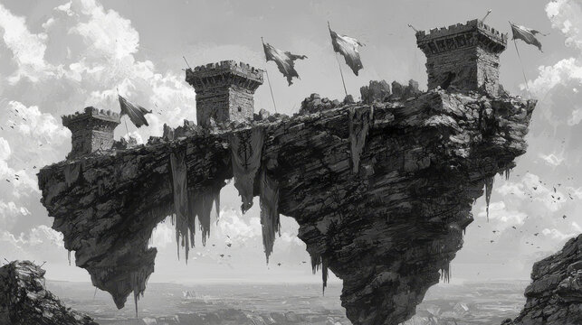Floating castle fantasy landscape dramatic sky stone tower cliff medieval architecture banners epic adventure mysterious clouds