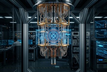 Fototapeta premium quantum computer inside a sophisticated metallic laboratory, advanced quantum processor surrounded by glowing holographic interfaces. Generative AI
