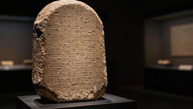 A weathered stone tablet inscribed with ancient cuneiform script stands illuminated on a pedestal within a dimly lit museum gallery.