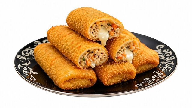 Crispy Fried Risoles with Cheese Chicken and Vegetables Filling on Black Plate Isolated on White Background