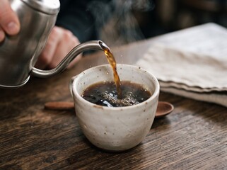 Fototapeta premium Pouring hot black coffee from a gooseneck kettle into a rustic ceramic mug on a wooden table