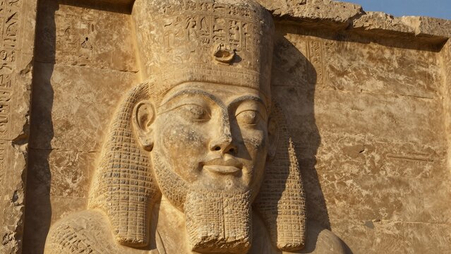 A majestic stone relief of a Babylonian king, carved with intricate details and ancient cuneiform inscriptions under warm sunlight.