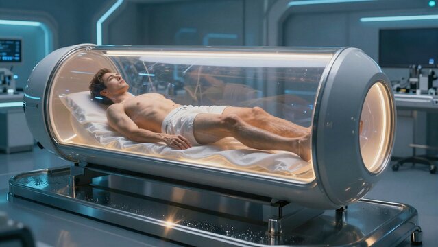 A man lies calmly inside a transparent cryogenic chamber within a high-tech laboratory, illuminated by cool blue lighting and advanced equipment.