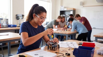 Fototapeta premium Young woman assembling a small robot in a classroom with students collaborating on projects at tables in the background