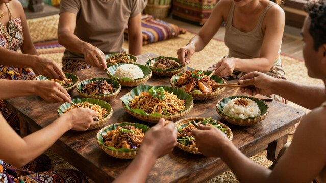 People share traditional Balinese dishes during a communal Megibung feast, seated around a wooden table with woven baskets and banana leaves.