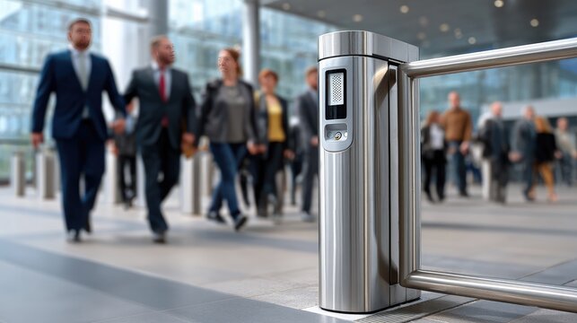 Modern Turnstile Security: Sleek, contemporary turnstile at the entrance of a busy office building, controlling pedestrian flow with efficiency and order as people pass through.