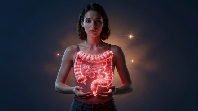 A woman holds a glowing, translucent human intestine model against her torso in a dark studio with warm spotlights.
