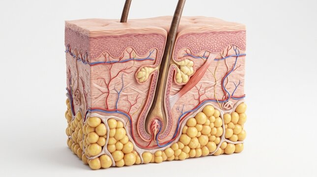 Detailed three dimensional cross sectional model showing human skin anatomy with hair follicle with presents detailed anatomical