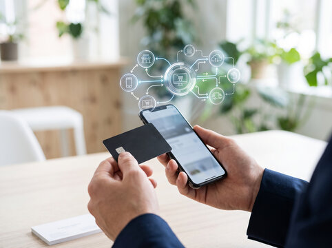 Person using smartphone for online shopping and payment with credit card featuring digital connection graphics, e commerce