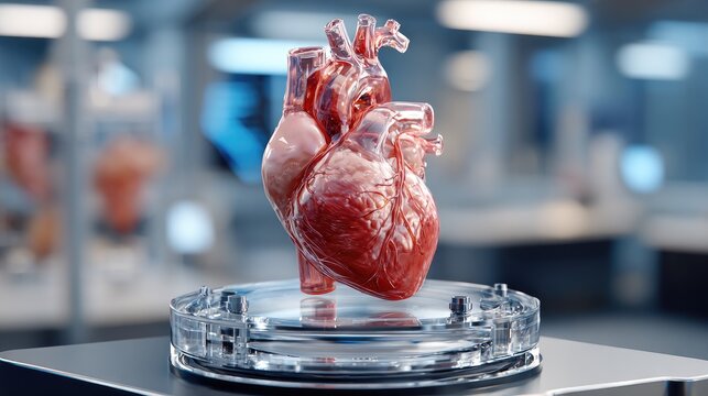 Anatomical Heart Model: A translucent, realistic anatomical heart model displayed on a sterile, high-tech platform, symbolizing medical innovation and life sciences research.