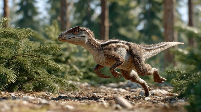Velociraptor in Forest: A juvenile Velociraptor dinosaur, with its distinctive feathered body and sharp claws, sprints through a sun-dappled prehistoric forest floor.