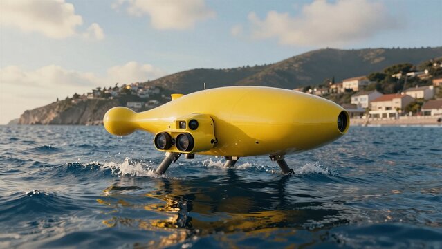 A bright yellow marine robot navigates ocean waves near a hillside village under clear skies during daylight.