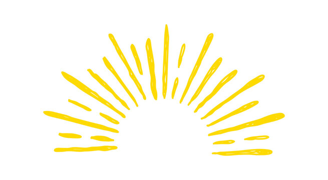 Hand-drawn yellow sunburst illustration in a rustic doodle style, representing a sunrise or sunshine, isolated on a white background.