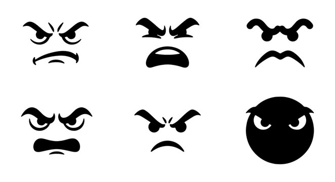 Angry cartoon face expressions set, mad emoji vector icons, furious monster mouth and eyes