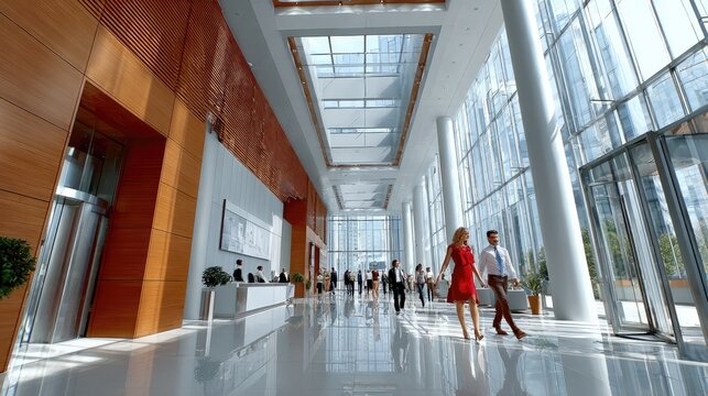 Modern Corporate Lobby: Sleek glass and wood architecture defines a bright and spacious corporate lobby, filled with sunlight and busy professionals moving through the dynamic space.