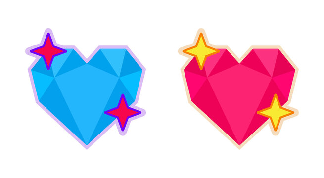 Set of two geometric heart icons in a low poly style with sparkles, isolated on a white background vector illustration.