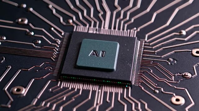 Close-up view of a microchip with AI label, showcasing intricate circuit patterns and glowing blue lights, highlighting technological advancement in electronics