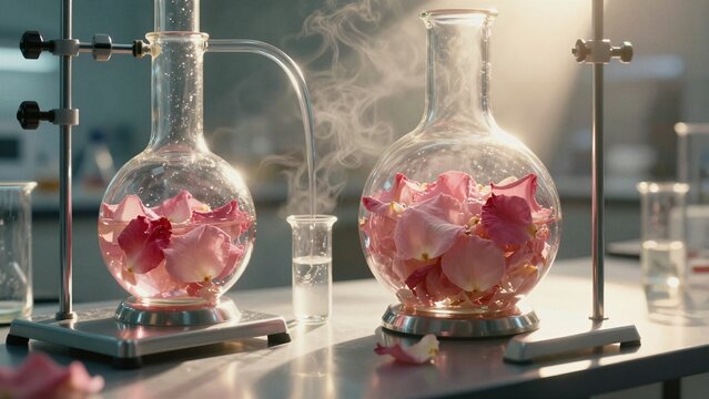 Laboratory setup extracting rose essential oil through steam distillation with glass flasks and delicate pink petals.