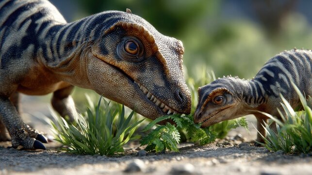 Dinosaur Family Foraging: A majestic Allosaurus adult and its young offspring forage for vegetation in a prehistoric landscape, capturing a tender moment of natural instinct.