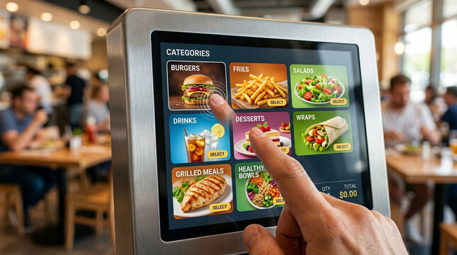 Customer using touchscreen kiosk for fast food order, digital menu in restaurant
