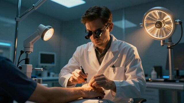 A medical professional conducts a detailed skin examination using specialized tools in a modern clinical setting.
