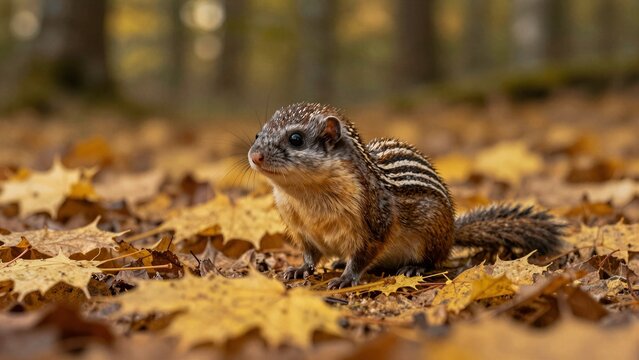 A small shrew stands alert among golden fallen leaves in a quiet forest during fall season.