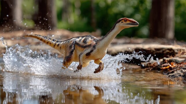 Young Coelophysis Dinosaur Running Through Water: A swift young Coelophysis dinosaur splashes through shallow water in a sun-dappled forest.