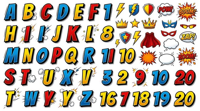 Colorful comic book alphabet letters and numbers with superhero icons and speech bubbles on white background with displays vibrant collection