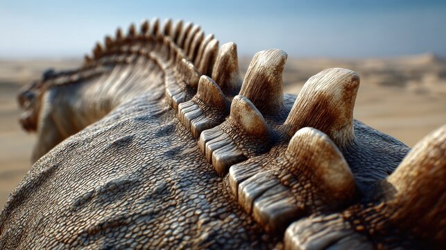 Close-up of Dinosaur Spine: A detailed view of the bony plates and textured skin along the spine of a prehistoric dinosaur, set against a dry, arid desert landscape.