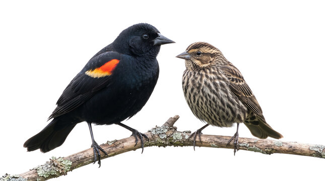 Red-winged blackbird pair perched on branch, male and female blackbirds on white background, songbird wildlife photography