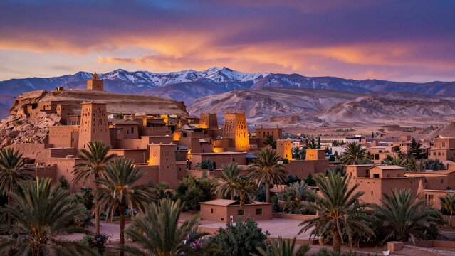 A serene desert town with terracotta buildings and palm trees under a vibrant sunset sky, framed by distant snow-capped mountains.