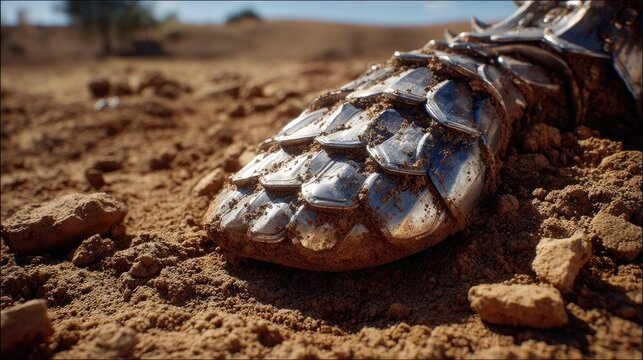 Fantasy Creature Foot in Dry Terrain: A close-up shot of a scaly, armored foot of a mythical creature resting on dry, cracked earth, hinting at an epic adventure in a harsh, desolate landscape.