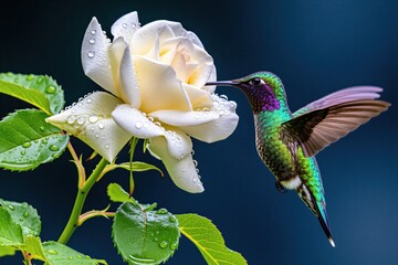 Fototapeta premium Tiny hummingbird drinks from dew drops on white rose. Bird with iridescent feathers hovers near wet flower in garden. Macro shot of nature wildlife in dark blue background.
