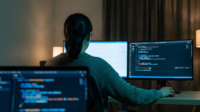 Software Development Concept Woman Coding on Laptop in Dim Room