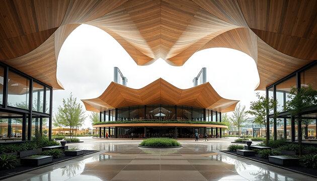 Modern shopping pavilion complex with organic wooden canopy ceiling and curved glass facades
