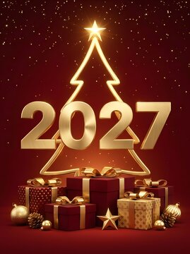 Golden 2027 text with a glowing christmas tree shape and wrapped gift boxes on a dark red background for a new year celebration greeting card