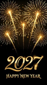 Bright golden fireworks display in the night sky celebrating the new year 2027 with elegant typography and festive party vibes for a happy holiday greeting card design