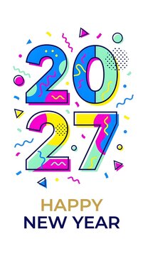 Colorful 2027 happy new year greeting card design with abstract geometric shapes and festive confetti patterns in a bright modern pop art style for celebration and holiday events