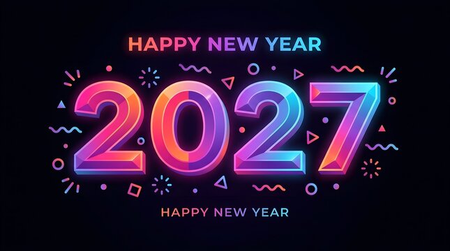 Happy new year 2027 colorful neon style typography design with festive party elements on a black background for holiday greetings and celebration card templates