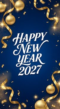 Happy new year 2027 greeting card design with golden ribbons and shiny baubles on a dark blue background for holiday celebration and winter festive season social media post