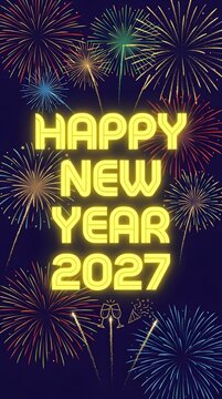 Happy new year 2027 greeting card design with bright colorful fireworks exploding in the dark night sky celebrating the arrival of the upcoming year with festive holiday spirit