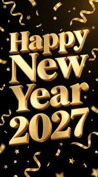 Happy new year 2027 gold 3d text design with falling confetti and ribbons on a black background for a festive holiday greeting card celebration invitation poster and party banner